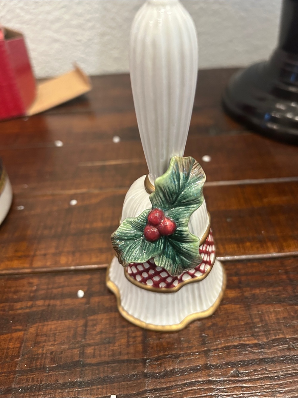 Fitz and Floyd White Ceramic Bell with Green Holly and Red Berries